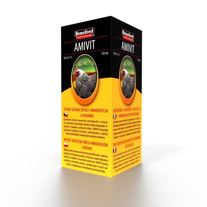 Amivit drůbež 0,5 Vitamíny, aminokyseliny a L-karnitin, který také zvyšuje využitelnost vitamínů z tuků ( A,D,E,K )