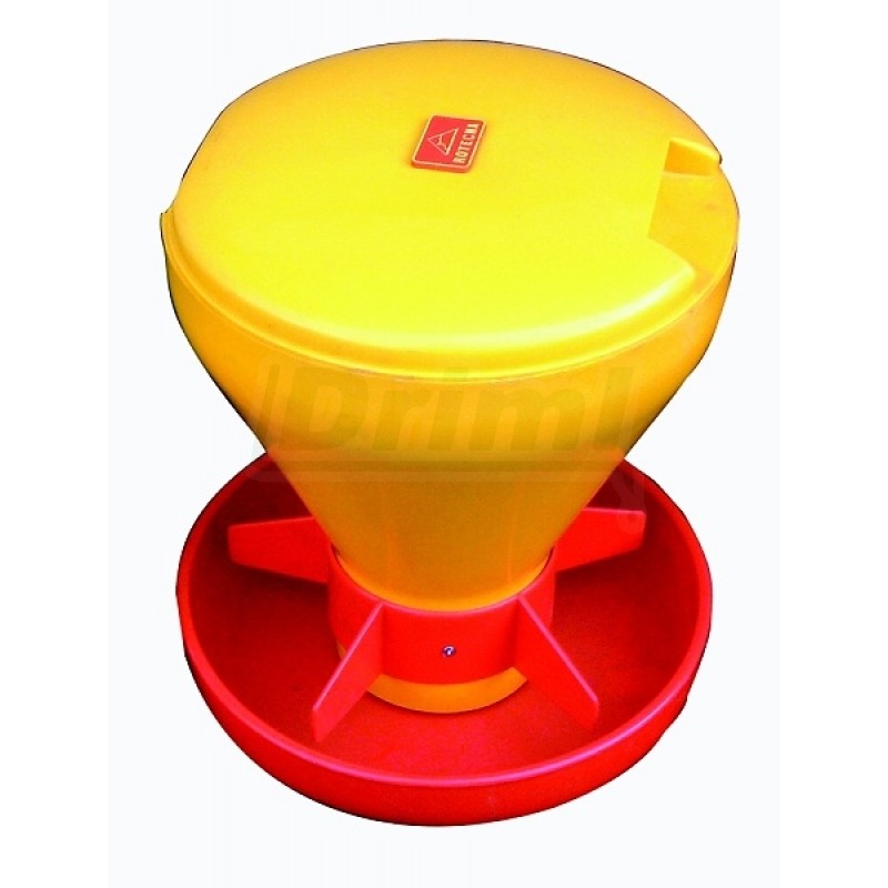 Miska pro selátka MINI-HOPPER, s nálevkou a víkem, 5 l , s hákem na rošt červeno žlutý plast