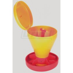 Miska pro selátka MINI-HOPPER, s nálevkou a víkem, 5 l , s hákem na rošt červeno žlutý plast