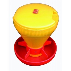 Miska pro selátka MINI-HOPPER, s nálevkou a víkem, 5 l , s hákem na rošt červeno žlutý plast