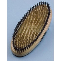 Měděné hřeblo, štětiny v 9 řadách - 7 ze zvlněného měděného drátu, 2 nylon, lak, kožený návlek