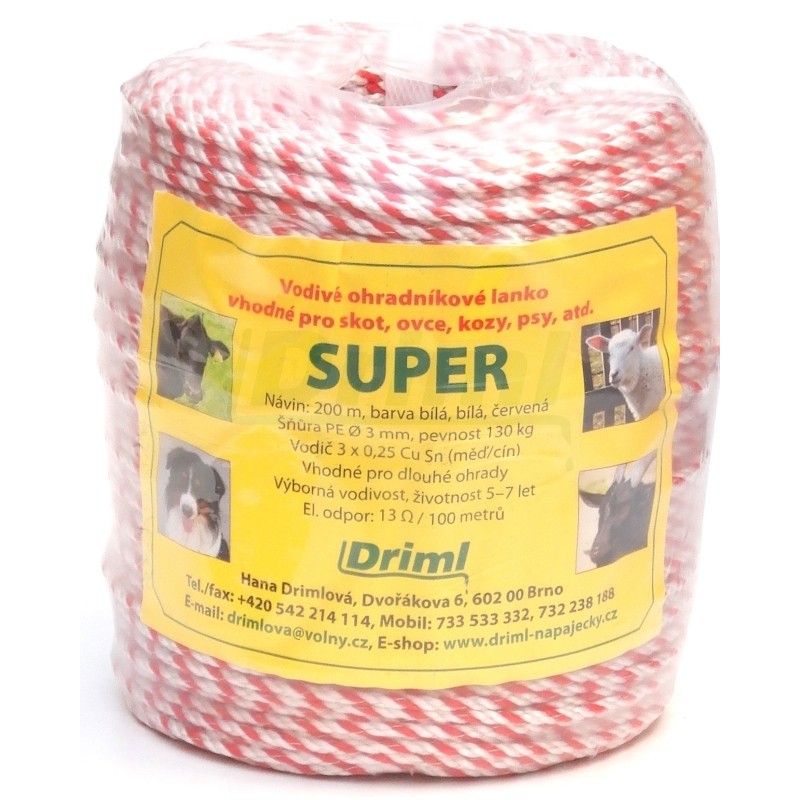 SUPER  lanko PP,13 ?/ 100m, 200m, ?  3mm červeno bílé, 3x 0,25mm  pocínovaná měď, pevnost  130 kg,