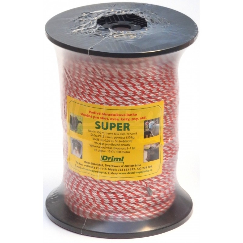 SUPER lanko PP,13 ?/ 100m, 500m, ?  3mm červeno bílé, 3x 0,25mm  pocínovaná měď, pevnost  130 kg,
