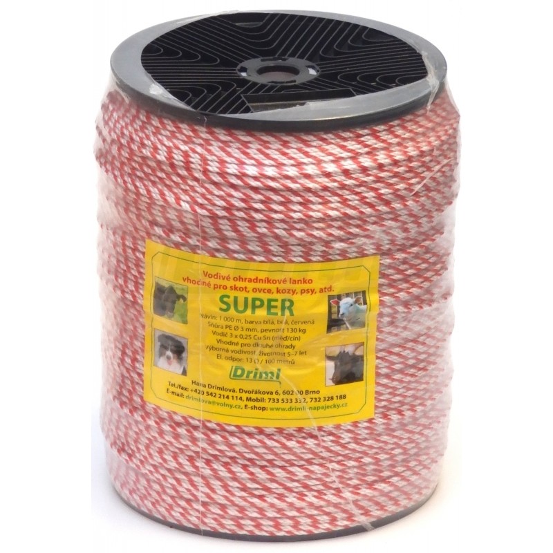 SUPER  lanko PPV,13 ?/ 100m, 1000m, ?  3mm červeno bílé, 3x 0,25mm  pocínovaná měď, pevnost  130 kg,