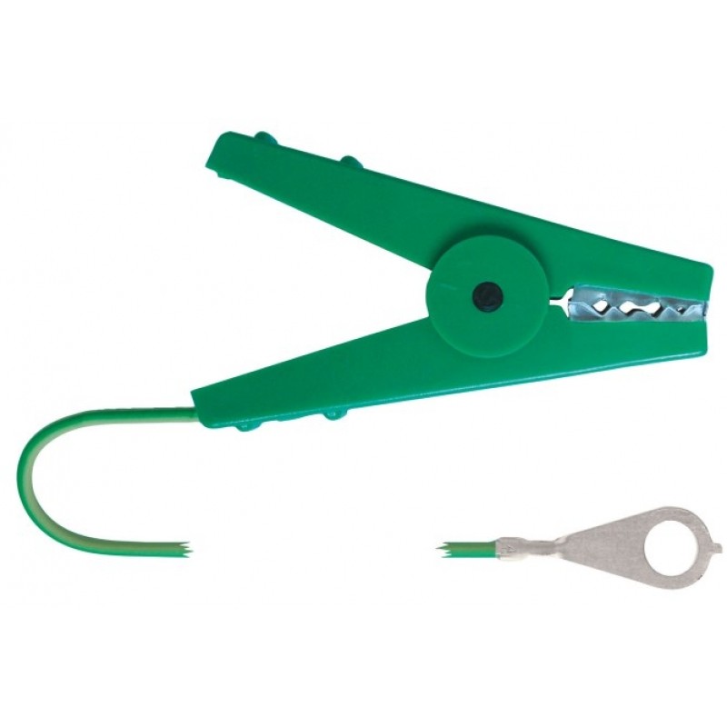 Propojovací kabel s očkem a krokodýl spojkou zelený - zemnící kolík - zdroj