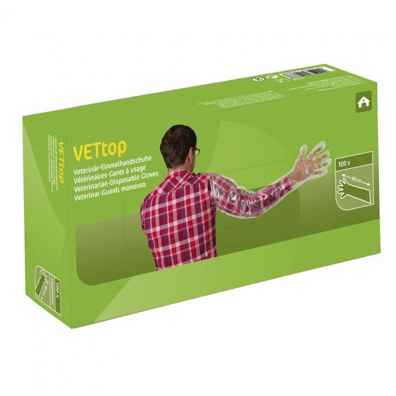 Rukavice VET TOP, 90 cm dlouhé, průhledné, 100 ks v kartonu