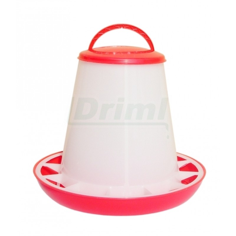 Tubusové krmítko s přepážkami na 1 kg krmiva pro kuřata, křepelky, atd   červeno bílé