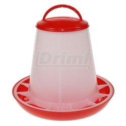 Tubusové krmítko s přepážkami na 1 kg krmiva pro kuřata, křepelky, atd   červeno bílé