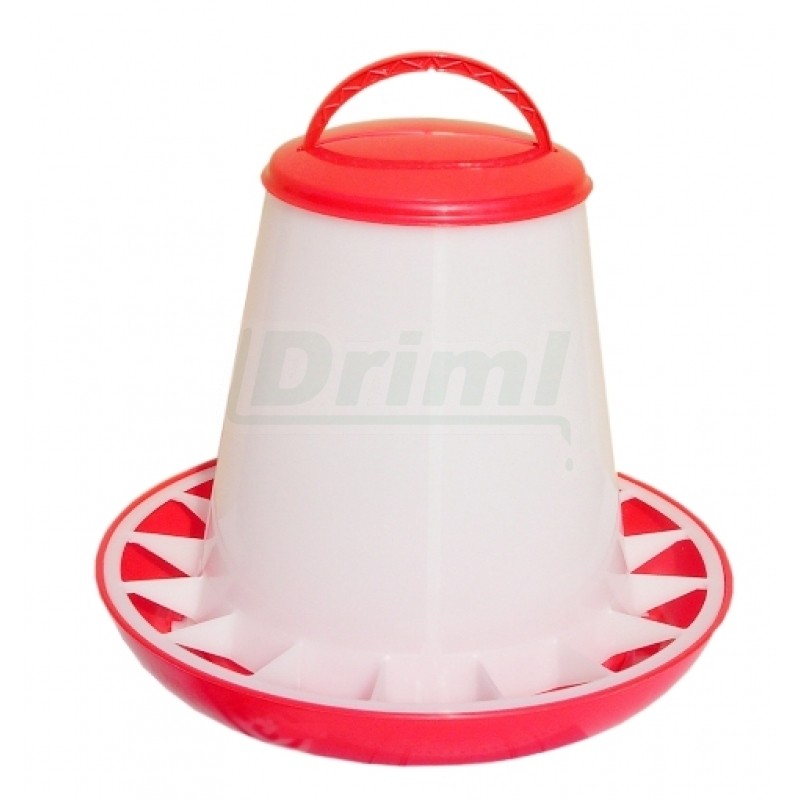 Tubusové krmítko s přepážkami na 3 kg krmiva pro kuřata, křepelky, atd   červeno bílé