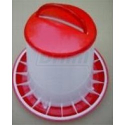 Tubusové krmítko s přepážkami na 3 kg krmiva pro kuřata, křepelky, atd   červeno bílé