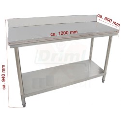 Pracovní skládací nerezový stůl s policí a zadní lištou 1200 x 600 x 850 mm,