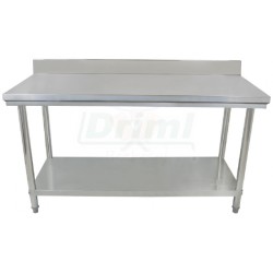 Pracovní skládací nerezový stůl s policí a zadní lištou, 1500 x 600 x 850 mm