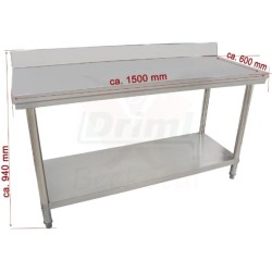 Pracovní skládací nerezový stůl s policí a zadní lištou, 1500 x 600 x 850 mm