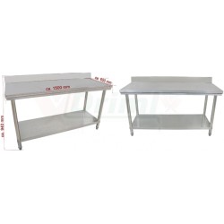 Pracovní skládací nerezový stůl s policí a zadní lištou, 1500 x 600 x 850 mm