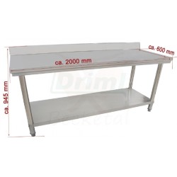 Pracovní skládací nerezový stůl s policí a zadní lištou 2000 x 600 x 850 mm,