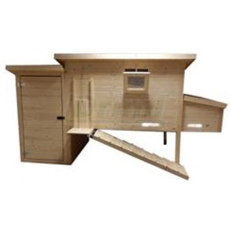 Zateplený dřevěný kurník pro 10 - 12 kusů nosnic se snáškovým budníkem a přístavkem