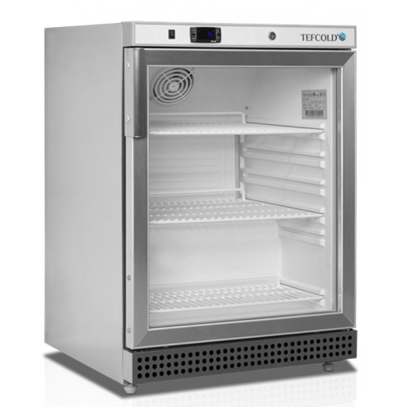 TEFCOLD UR 200 SG. Prosklená nerezová chladicí vitrína skříňová, užitných 119 litrů